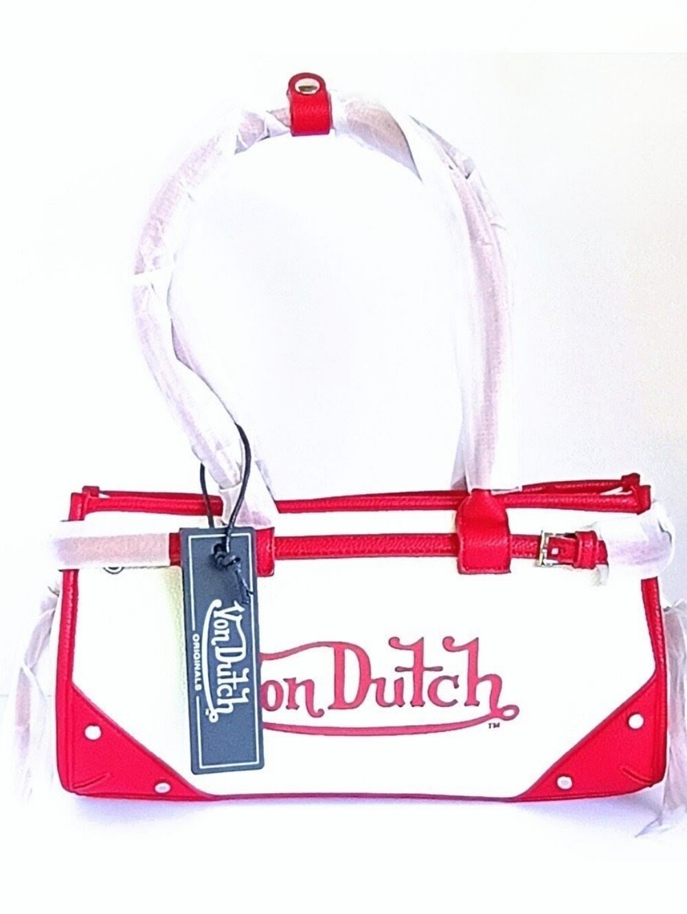 Von Dutch Shoulder Bag White Red Y2K Logo Purse Zip Top NWT